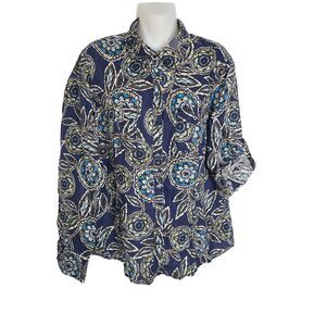 Charter Club Women Top Sz 16 Blue Floral 100% Linen Long Roll Tab Button Pocket